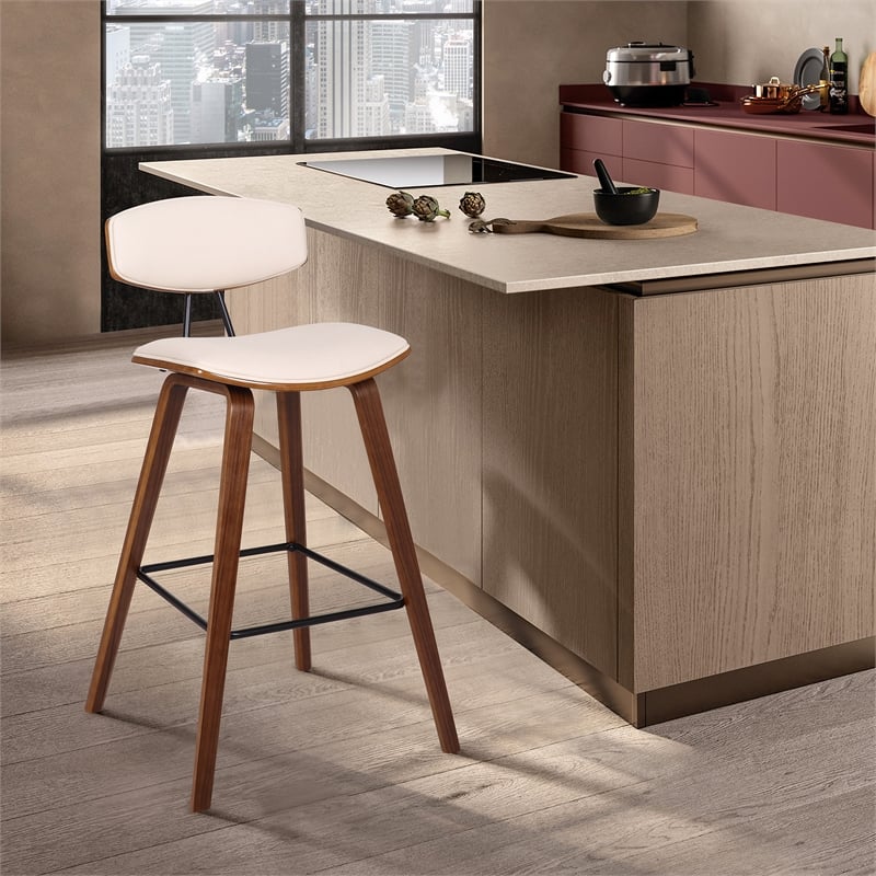 Home Square 3 Piece Faux Leather Kitchen Counter Stool Set in Cream/Walnut