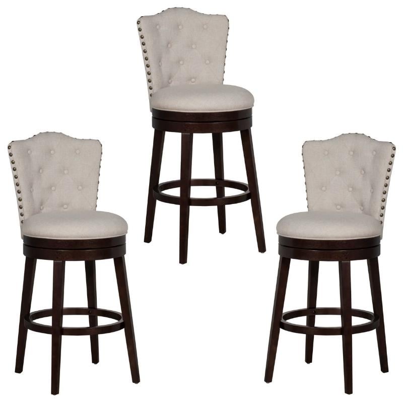 Home Square 3 Piece Fabric Upholstery Swivel Bar Stool Set in Chocolate/Cream