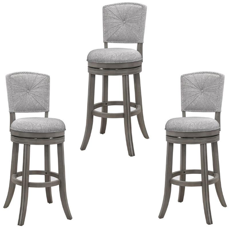 Home Square 3 Piece Upholstered Swivel Wood Bar Stool Set in Antique Gray