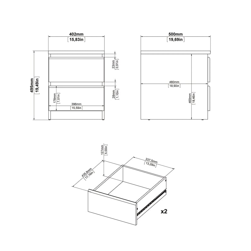 Home Square 2 Piece Bedroom Set with 2 Two Drawer Nightstands in High Gloss