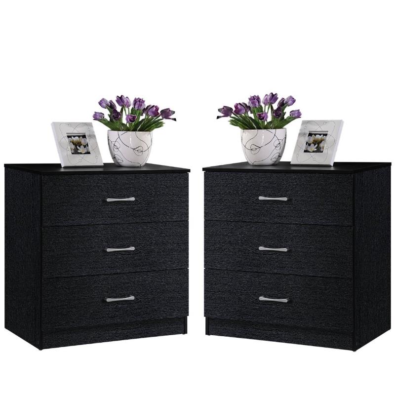 Home Square 2 Piece Bedroom Set wit 2 Three Drawer Chests in Black Wood