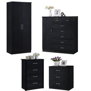 home square 4 piece bedroom set with 2 door armoire and 3 chests in black wood