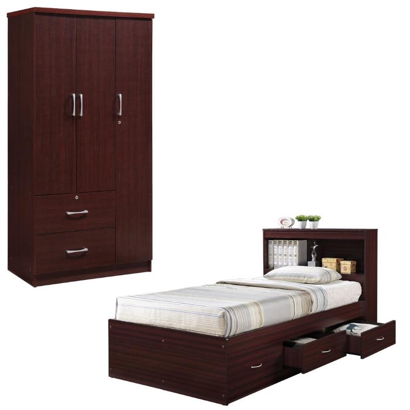 Home Square 2 Piece Set with Captain Bed and 3 Door Armoire in Mahogany Wood