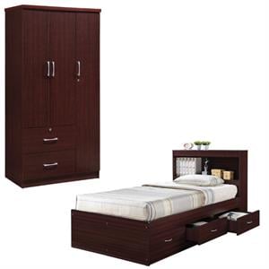 Home Square 2 Piece Set with Captain Bed and 3 Door Armoire in Mahogany Wood