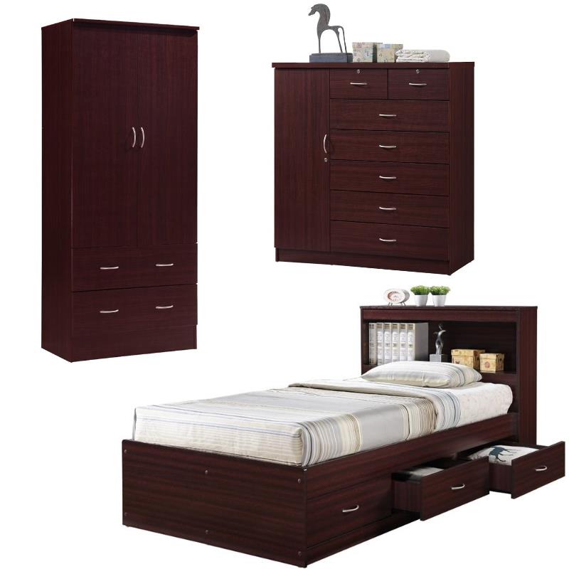 Home Square 3 Piece Set with Captain Bed Armoire and 7 Drawer Chest in Mahogany