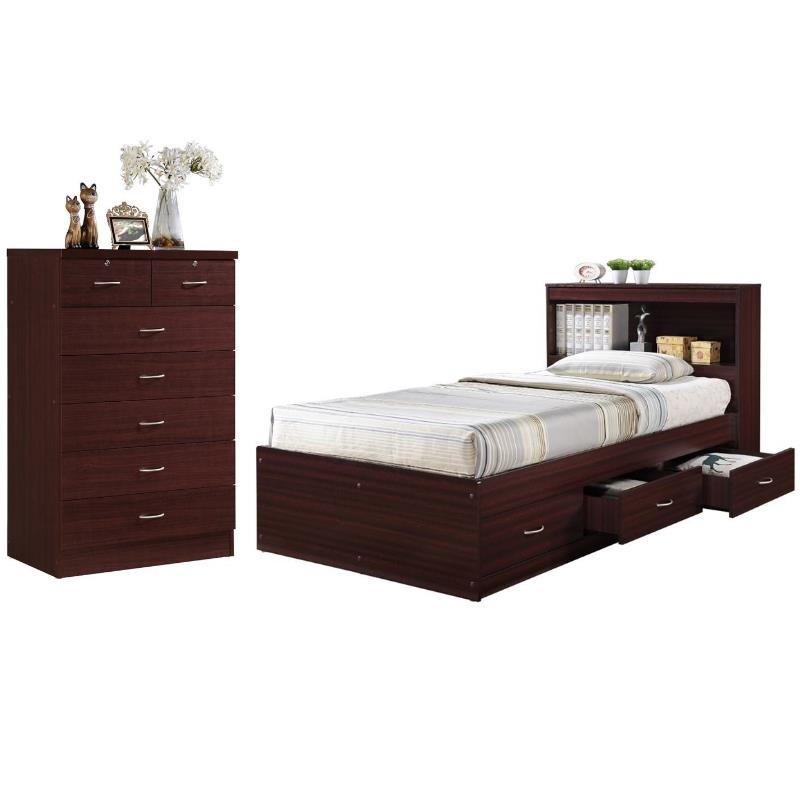 Home Square 2 Piece Set with Captain Bed and 7 Drawer Chest in Mahogany Wood