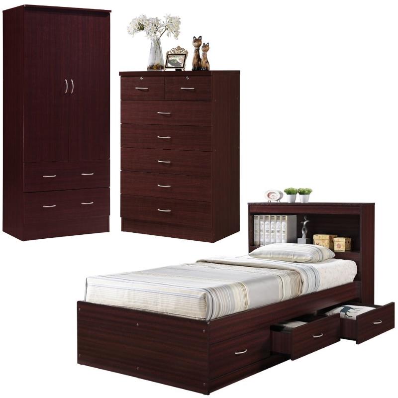 Home Square 3 Piece Bedroom Set with Captain Bed Armoire and 7 Drawer Chest