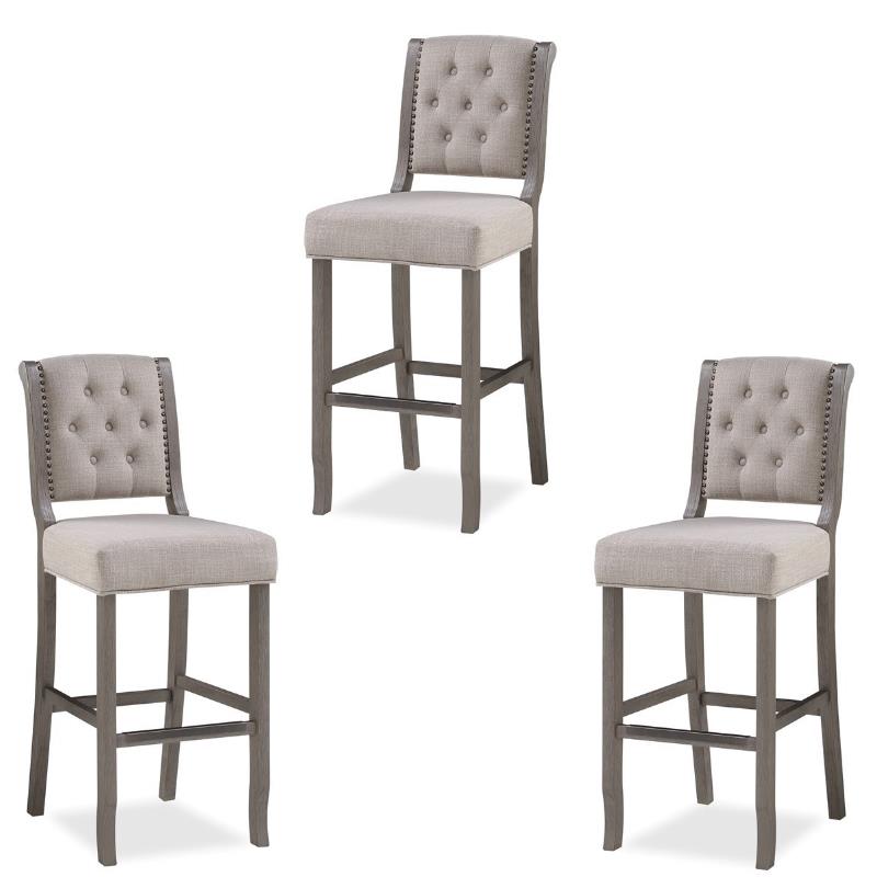 Home Square 3 Piece Upholstered Solid Wood Stationary Bar Stool Set in Gray
