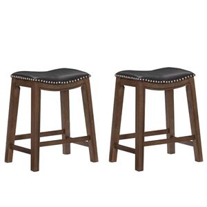 Home Square 2 Piece 24&quot Faux Leather Saddle Counter Stool Set in Black
