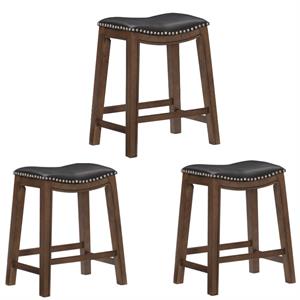 Home Square 3 Piece 24&quot Faux Leather Saddle Counter Stool Set in Black