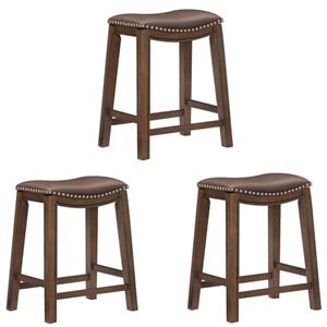 Home Square 3 Piece 24&quot Faux Leather Saddle Counter Stool Set in Brown