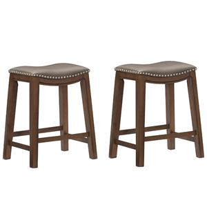 Home Square 2 Piece 24&quot Faux Leather Saddle Counter Stool Set in Gray