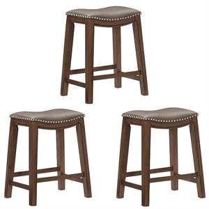 Home Square 3 Piece 24&quot Faux Leather Saddle Counter Stool Set in Gray