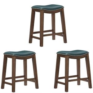 Home Square 3 Piece 24&quot Faux Leather Saddle Counter Stool Set in Green