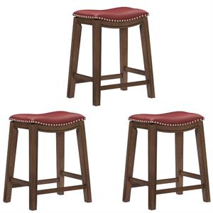 Home Square 3 Piece 24&quot Faux Leather Saddle Counter Stool Set in Red