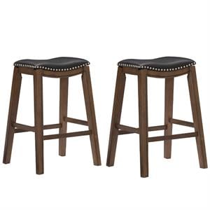 Home Square 2 Piece 29&quot Upholstered Faux Leather Saddle Bar Stool Set in Black