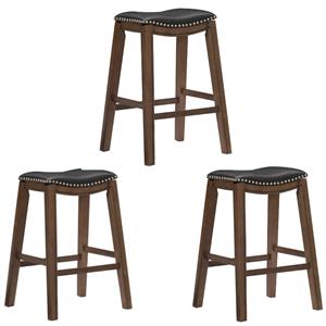 Home Square 3 Piece 29&quot Upholstered Faux Leather Saddle Bar Stool Set in Black
