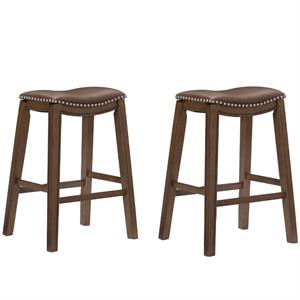 Home Square 2 Piece 29&quot Upholstered Faux Leather Saddle Bar Stool Set in Brown