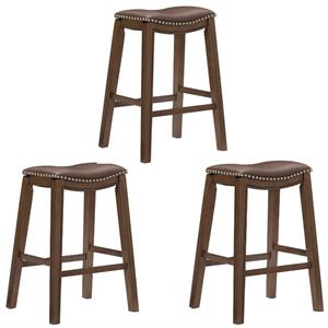 Home Square 3 Piece 29&quot Upholstered Faux Leather Saddle Bar Stool Set in Brown