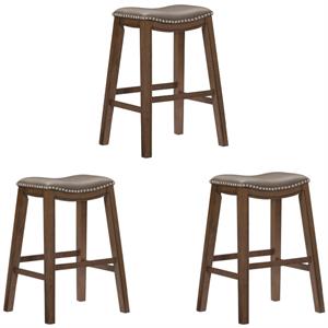 Home Square 3 Piece 29&quot Upholstered Faux Leather Saddle Bar Stool Set in Gray
