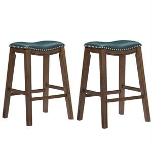 Home Square 2 Piece 29&quot Upholstered Faux Leather Saddle Bar Stool Set in Green