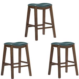 Home Square 3 Piece 29&quot Upholstered Faux Leather Saddle Bar Stool Set in Green