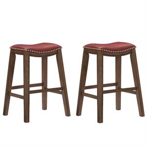 Home Square 2 Piece 29&quot Upholstered Faux Leather Saddle Bar Stool Set in Red