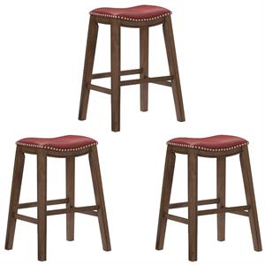 Home Square 3 Piece 29&quot Upholstered Faux Leather Saddle Bar Stool Set in Red