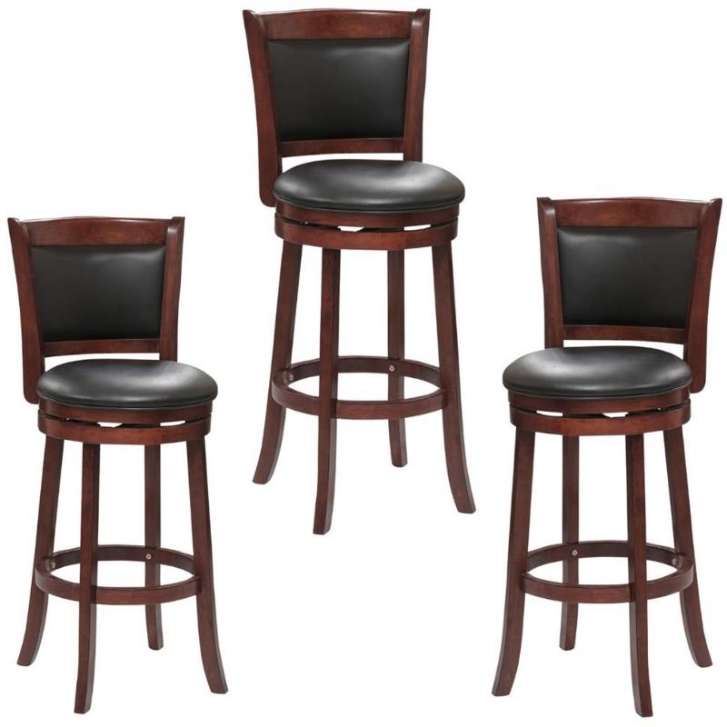 Home Square 3 Piece Faux Leather Bar Stool Set with Wood Base in Dark Cherry