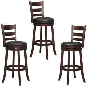 Home Square 3 Piece 29&quot Faux Leather Swivel Wood Bar Stool Set in Dark Cherry
