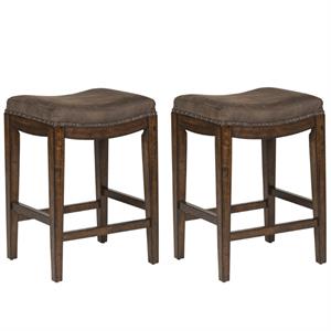 Home Square 2 Piece Upholstered Saddle Wood Barstool Set in Walnut Gray