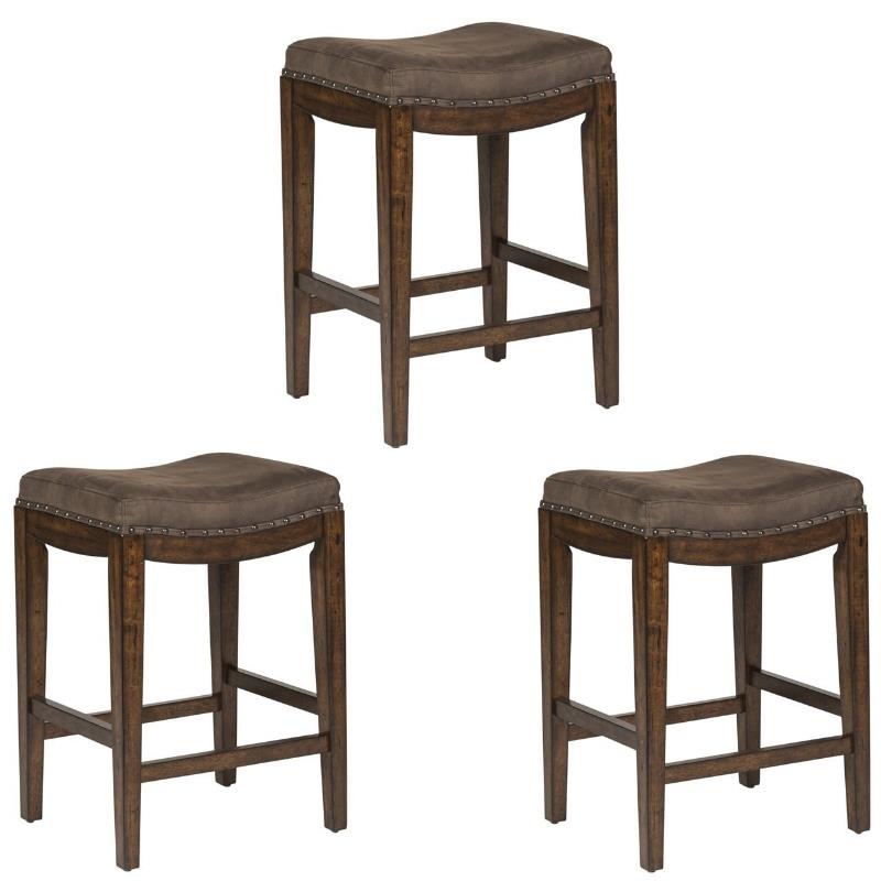 Home Square 3 Piece Upholstered Saddle Wood Barstool Set in Walnut Gray