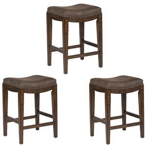Home Square 3 Piece Upholstered Saddle Wood Barstool Set in Walnut Gray