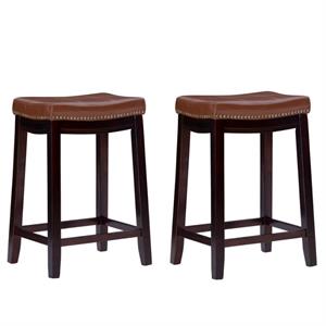 Home Square 2 Piece 26&quot Wood Saddle Counter Stool Set in Cognac Brown