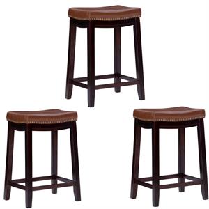 Home Square 3 Piece 26&quot Wood Saddle Counter Stool Set in Cognac Brown