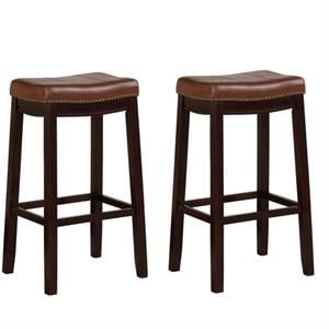 Home Square 2 Piece 32&quot Wood Bar Stool Set in Espresso and Cognac Brown
