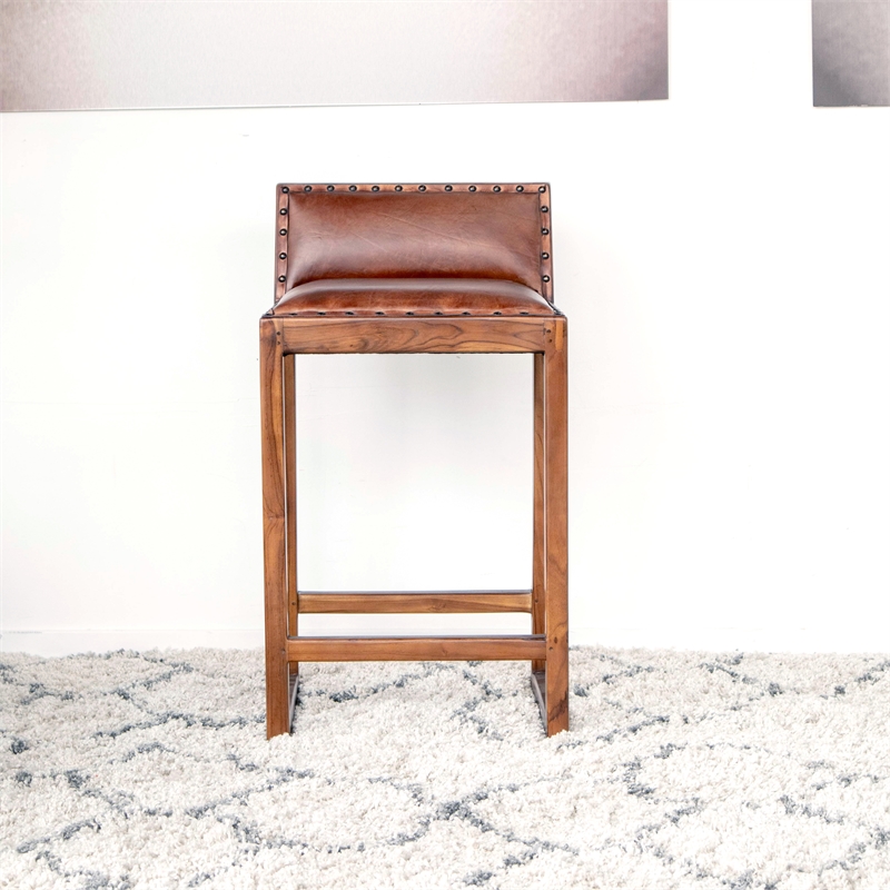 Home Square 3 Piece Mid Century Modern Leather Counter Stool Set in Cognac Tan
