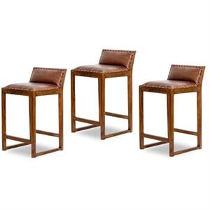 Home Square 3 Piece Mid Century Modern Leather Counter Stool Set in Cognac Tan