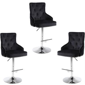 Home Square 3 Piece 34.5&quot Height Velvet Adjustable Bar Stool Set in Black