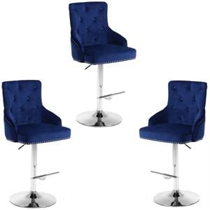 Home Square 3 Piece 34.5&quot Height Velvet Adjustable Bar Stool Set in Navy