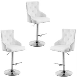 Home Square 3 Piece 34.5&quot Height Velvet Adjustable Bar Stool Set in White