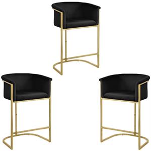 Home Square 3 Piece 27&quot Velvet Counter Stool Set with Gold Metal Base in Black