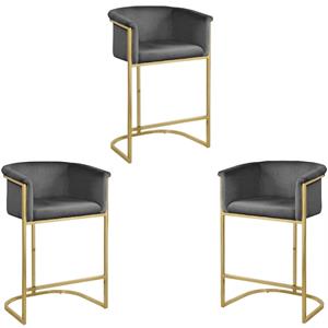 Home Square 3 Piece 27&quot Velvet Counter Stool Set with Gold Metal Base in Gray