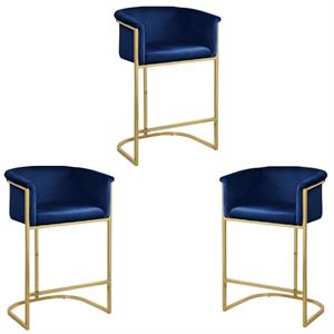 Home Square 3 Piece 27&quot Velvet Counter Stool Set with Gold Metal Base in Navy