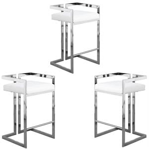Home Square 3 Piece 27&quotH Faux Leather Counter Stool Set with Metal Base in White