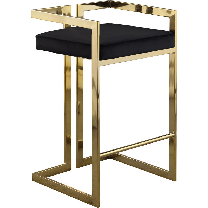 Home Square 2 Piece Velvet Counter Stool Set with Gold Metal Base in Black