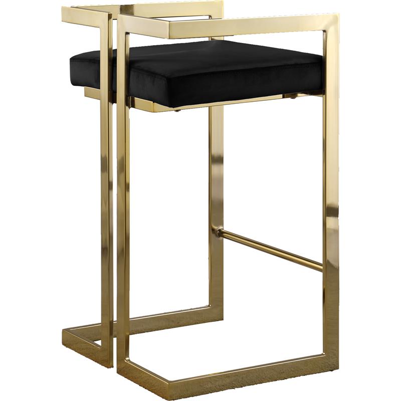 Home Square 2 Piece Velvet Counter Stool Set with Gold Metal Base in Black