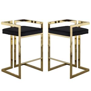 Home Square 2 Piece 27&quot Velvet Counter Stool Set with Gold Metal Base in Black