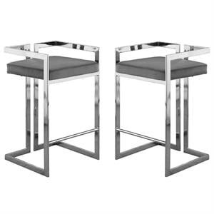 Home Square 2 Piece 27&quot Velvet Counter Stool Set with Metal Base in Gray