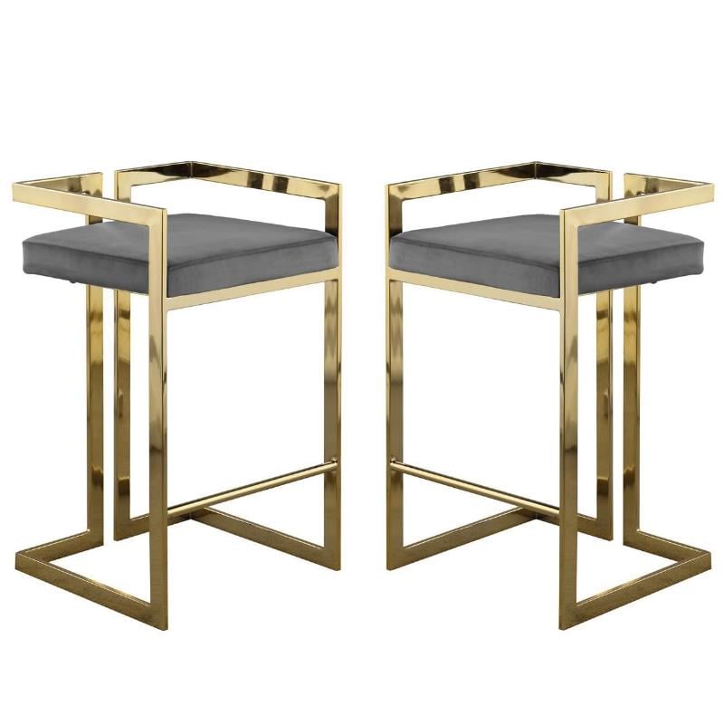 Home Square 2 Piece Velvet Counter Stool Set with Gold Metal Base in Gray
